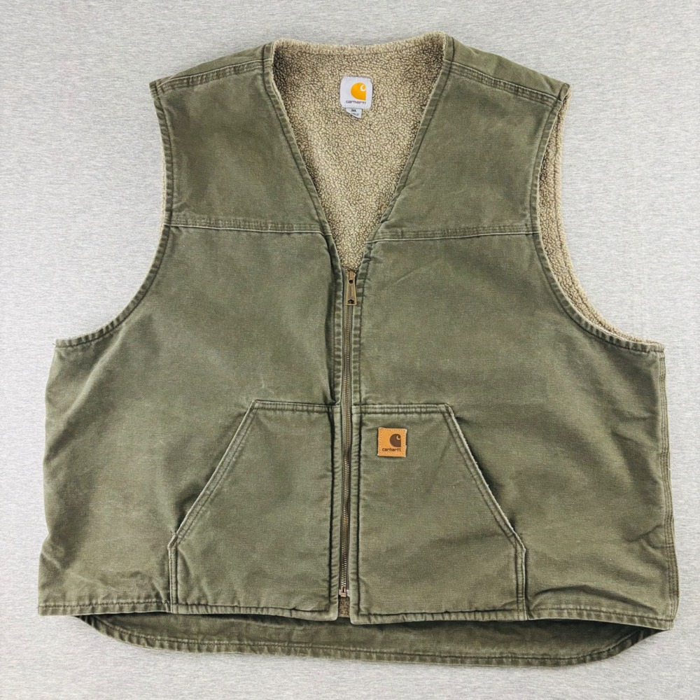 Vintage Carhartt Canvas Vest Sherpa Lined Workwear Olive Green Mens XXL